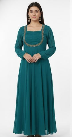 Teal Blue Embroidered Georgette Maxi Gown