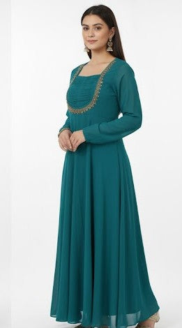 Teal Blue Embroidered Georgette Maxi Gown