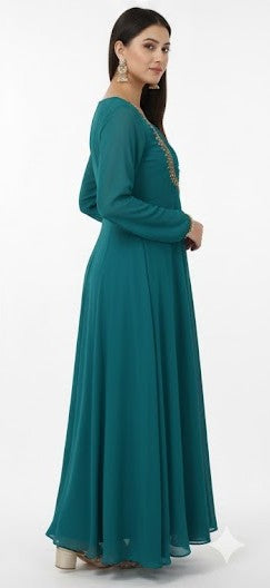 Teal Blue Embroidered Georgette Maxi Gown