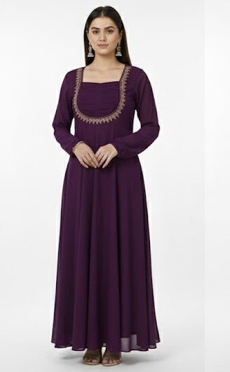 Regal Deep Plum Embroidered Chiffon Gown