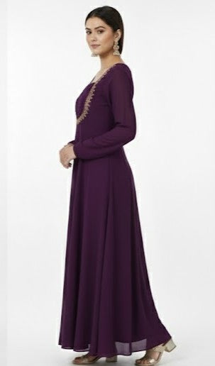 Regal Deep Plum Embroidered Chiffon Gown