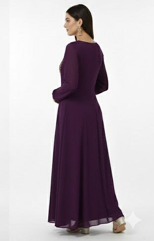 Regal Deep Plum Embroidered Chiffon Gown