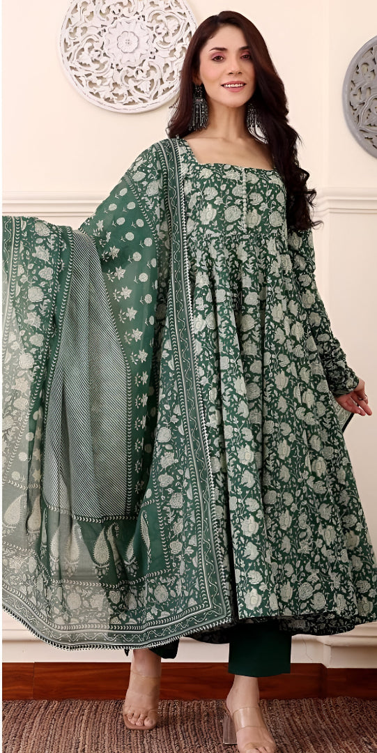 Elegant Green Floral Printed Anarkali Suit Set
