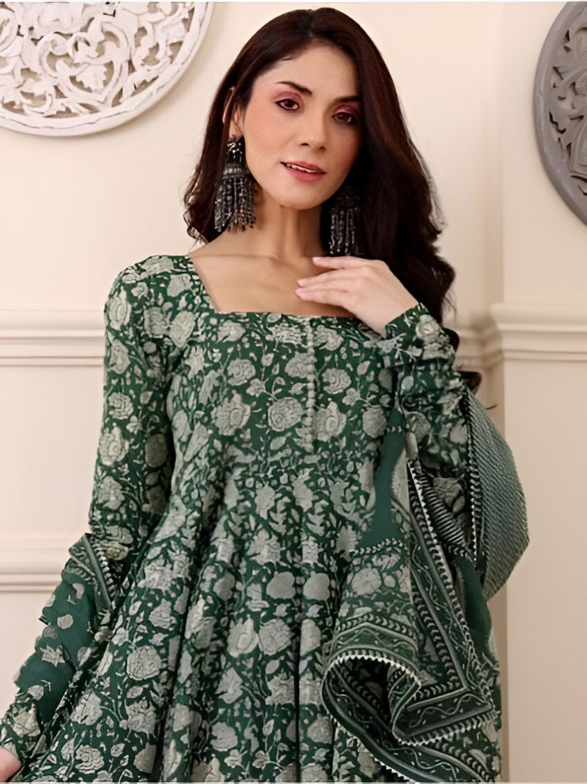 Elegant Green Floral Printed Anarkali Suit Set