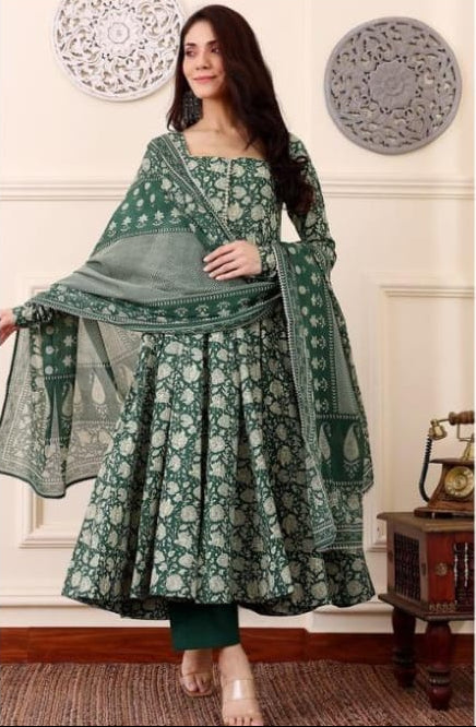 Elegant Green Floral Printed Anarkali Suit Set