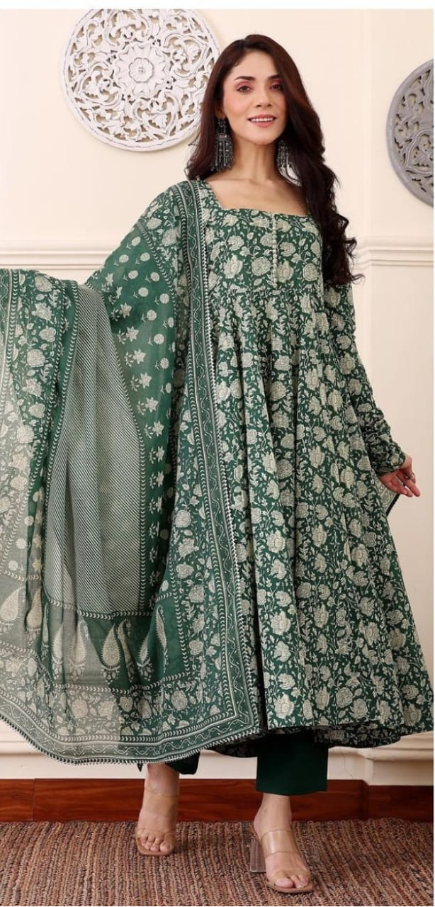 Elegant Green Floral Printed Anarkali Suit Set