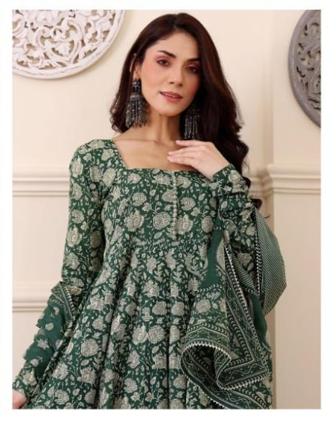 Elegant Green Floral Printed Anarkali Suit Set