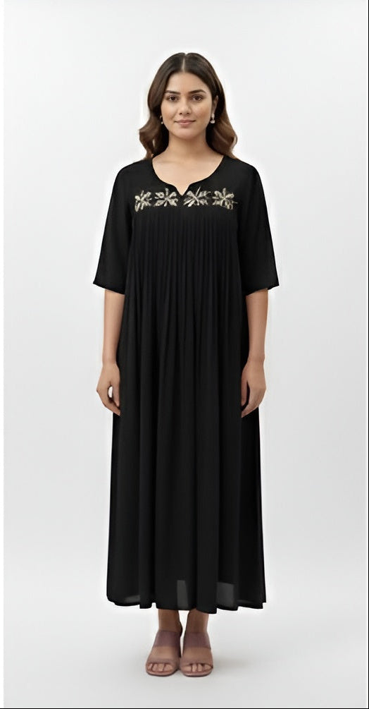 Midnight Black Embroidered Chiffon Gown