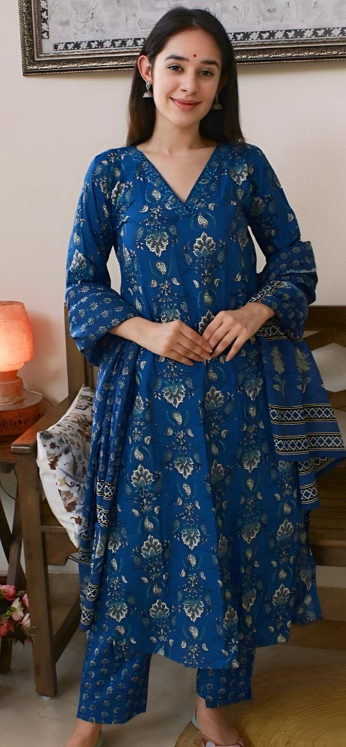 Classic Blue Floral Printed Kurta Set with Dupatta
