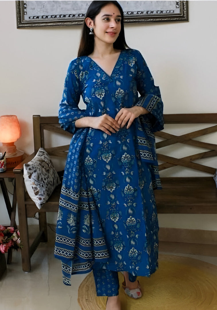Classic Blue Floral Printed Kurta Set with Dupatta