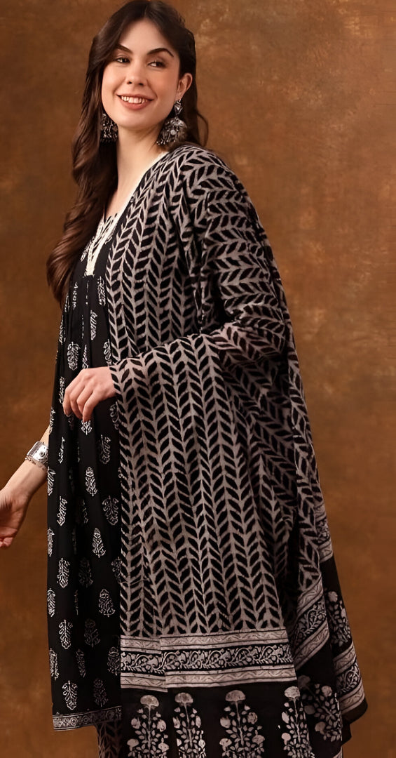 Elegant Black Handblock Printed Kurta Set with Dupatta