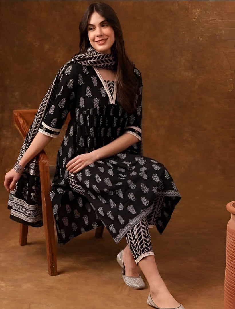 Elegant Black Handblock Printed Kurta Set with Dupatta
