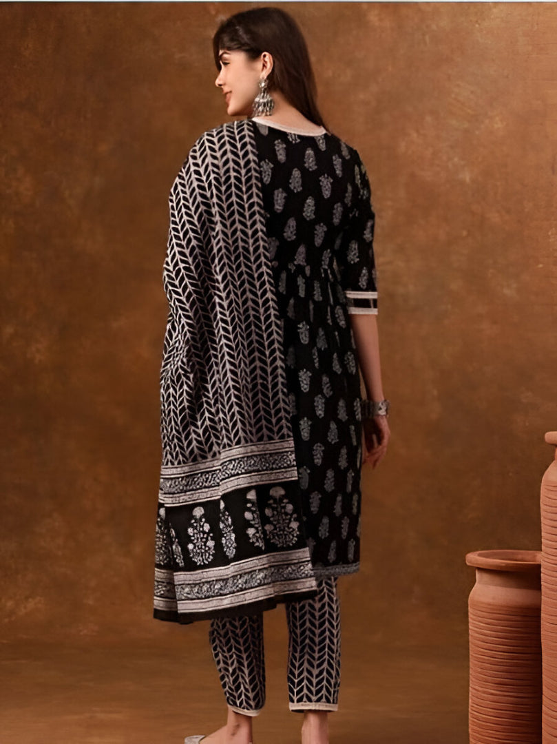 Elegant Black Handblock Printed Kurta Set with Dupatta