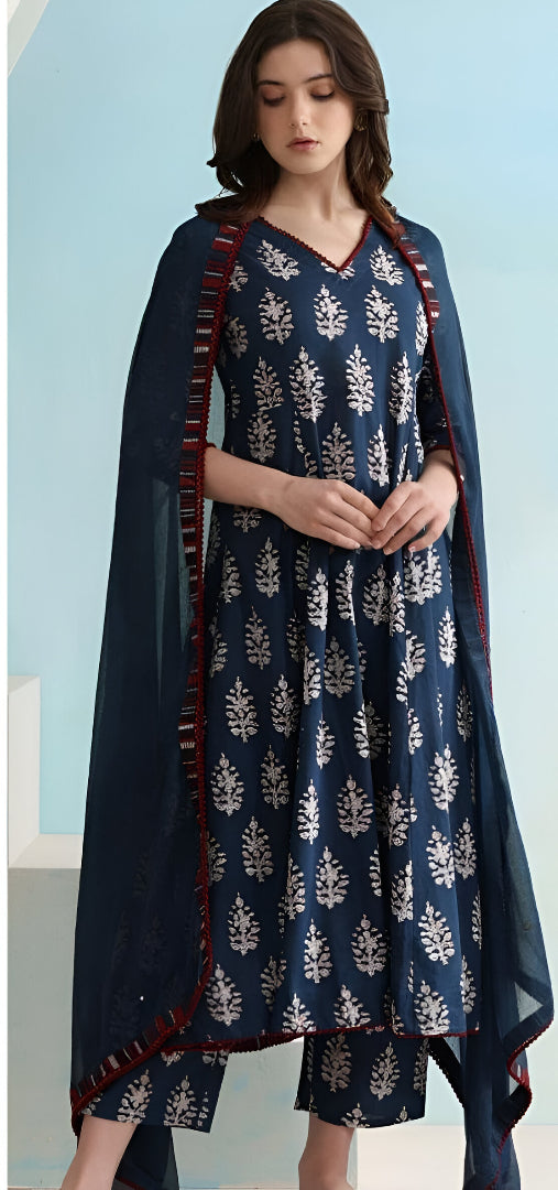 Navy Blue Floral Printed Kurta Set with Dupatta