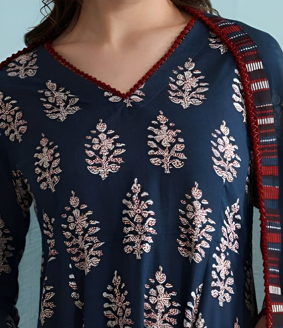 Navy Blue Floral Printed Kurta Set with Dupatta