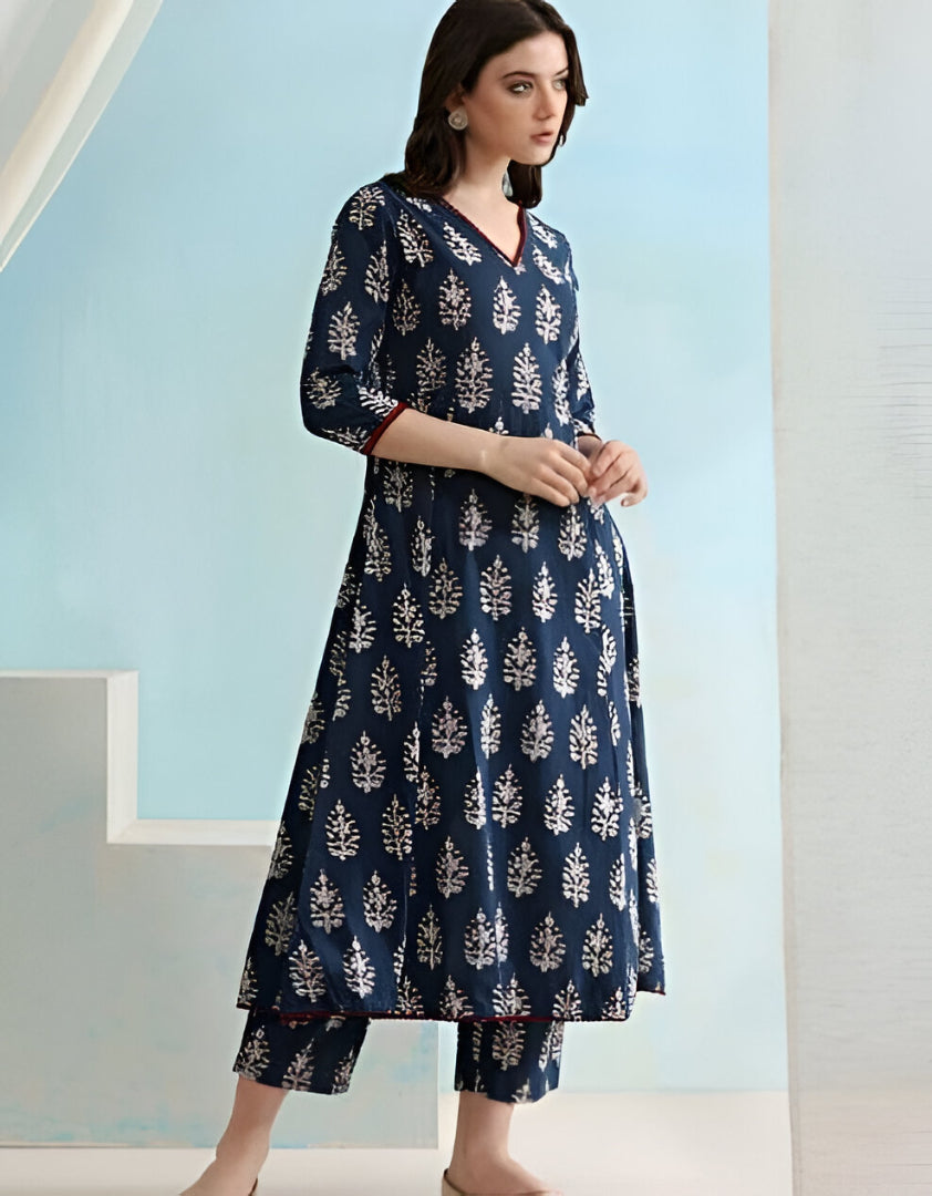 Navy Blue Floral Printed Kurta Set with Dupatta