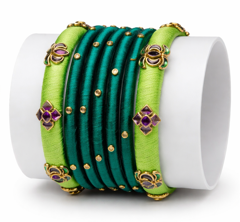Green & Teal Silk Thread Bangles Set with Gold & Enamel Motifs