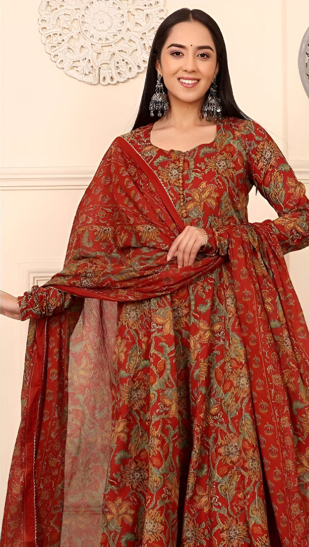 Rust Red Floral Printed Anarkali Suit Set with Dupatta