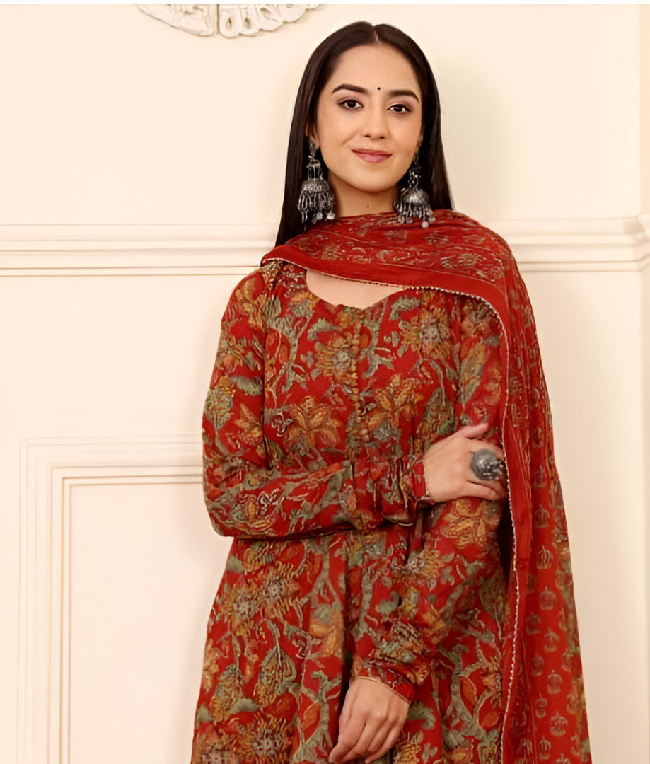 Rust Red Floral Printed Anarkali Suit Set with Dupatta