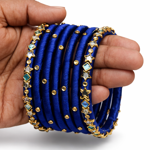 Royal Blue Silk Thread Bangles Set with Star & Stone Detailing