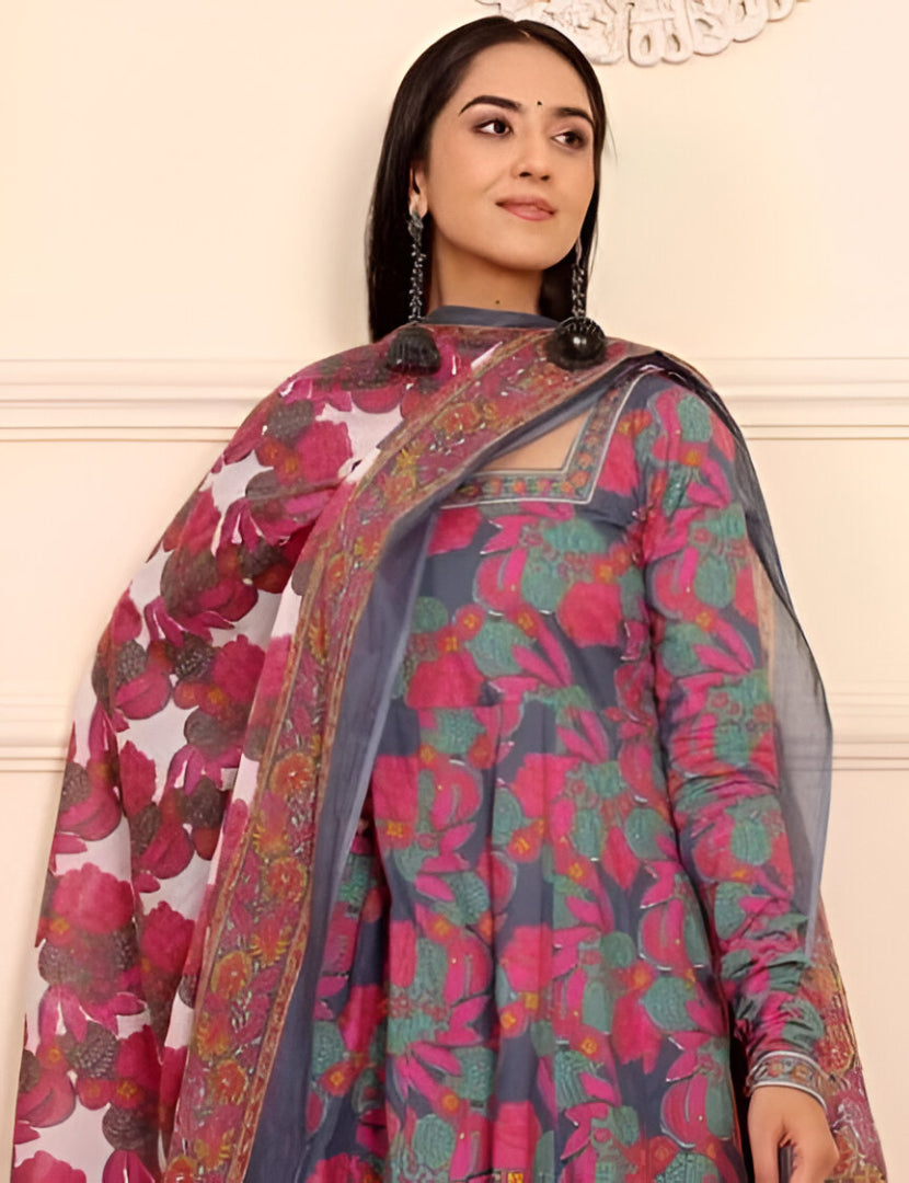 Grey & Pink Floral Printed Anarkali Suit Set with Dupatta