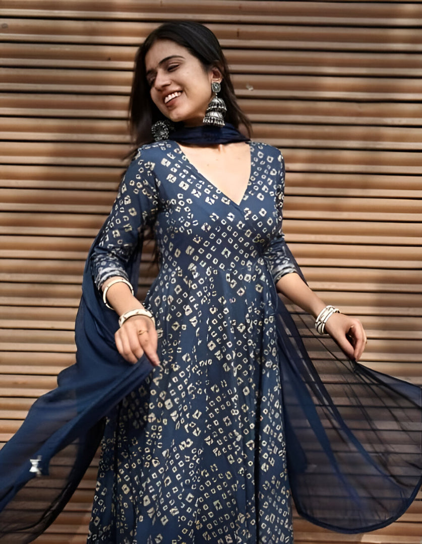 Navy Blue Bandhani Printed Anarkali Suit Set with Dupatta