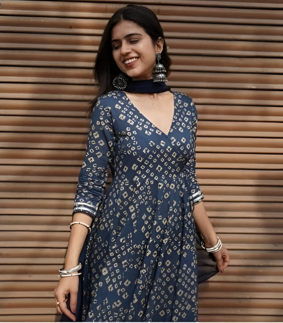 Navy Blue Bandhani Printed Anarkali Suit Set with Dupatta