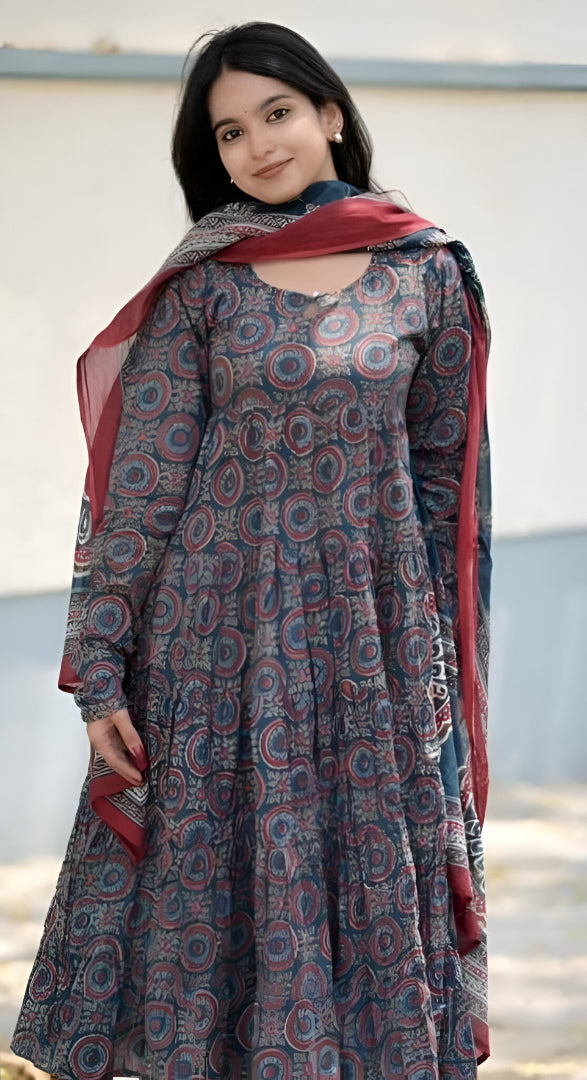 Teal Blue Ajrakh Printed Anarkali Suit Set with Dupatta