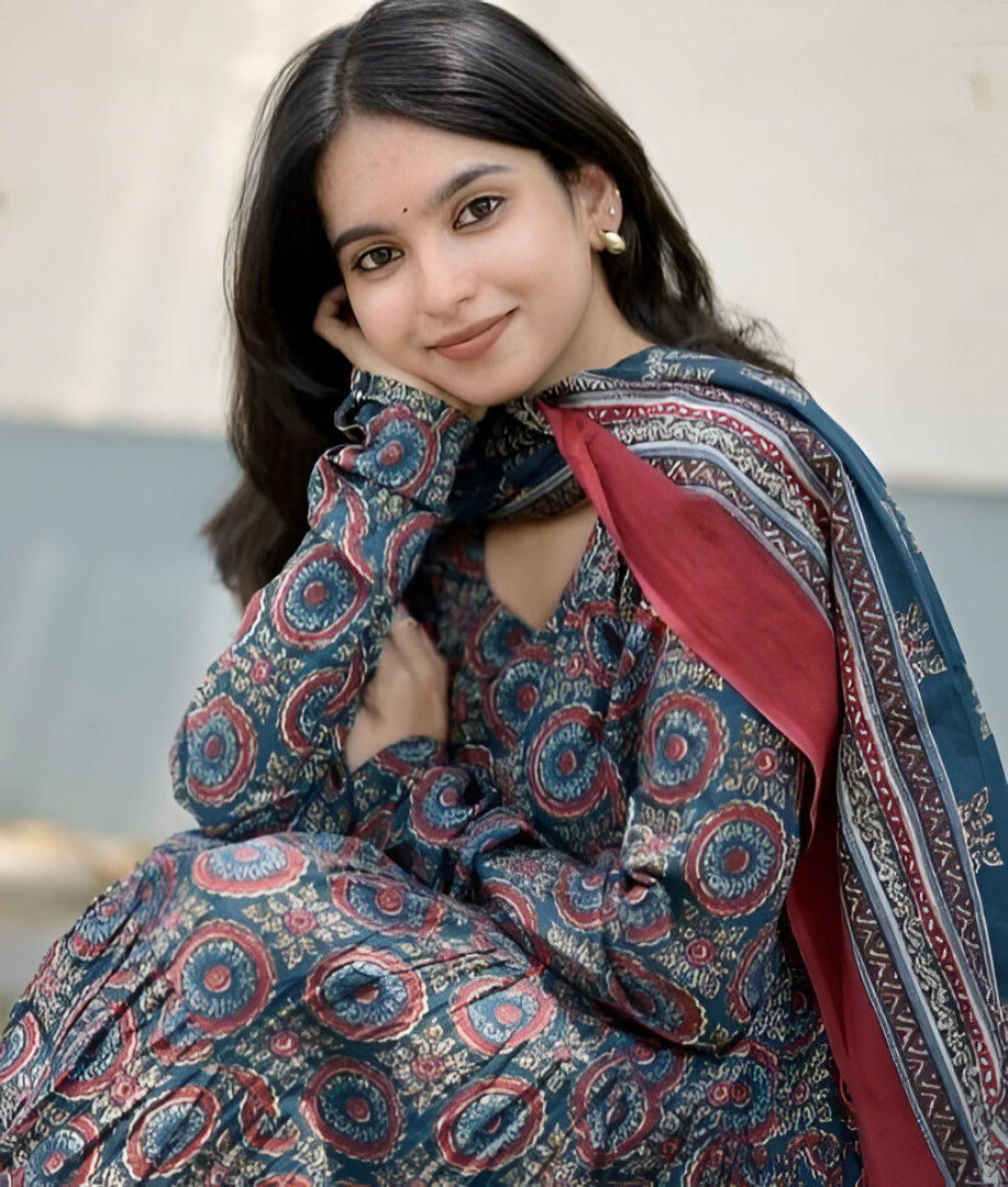 Teal Blue Ajrakh Printed Anarkali Suit Set with Dupatta