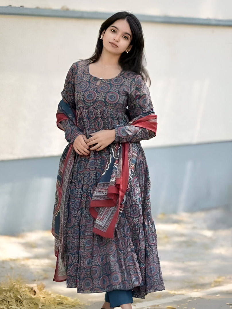 Teal Blue Ajrakh Printed Anarkali Suit Set with Dupatta