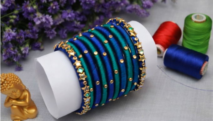 Handcrafted Blue & Teal Silk Thread Bangles Set with Gold Star Work