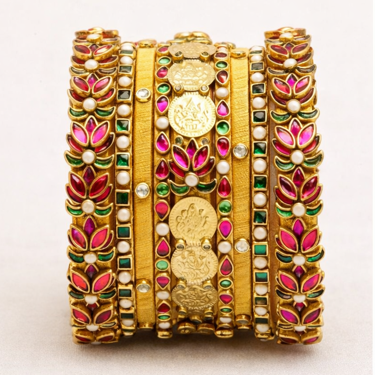 Elegant Gold-Tone Kundan Lotus Bangle Set