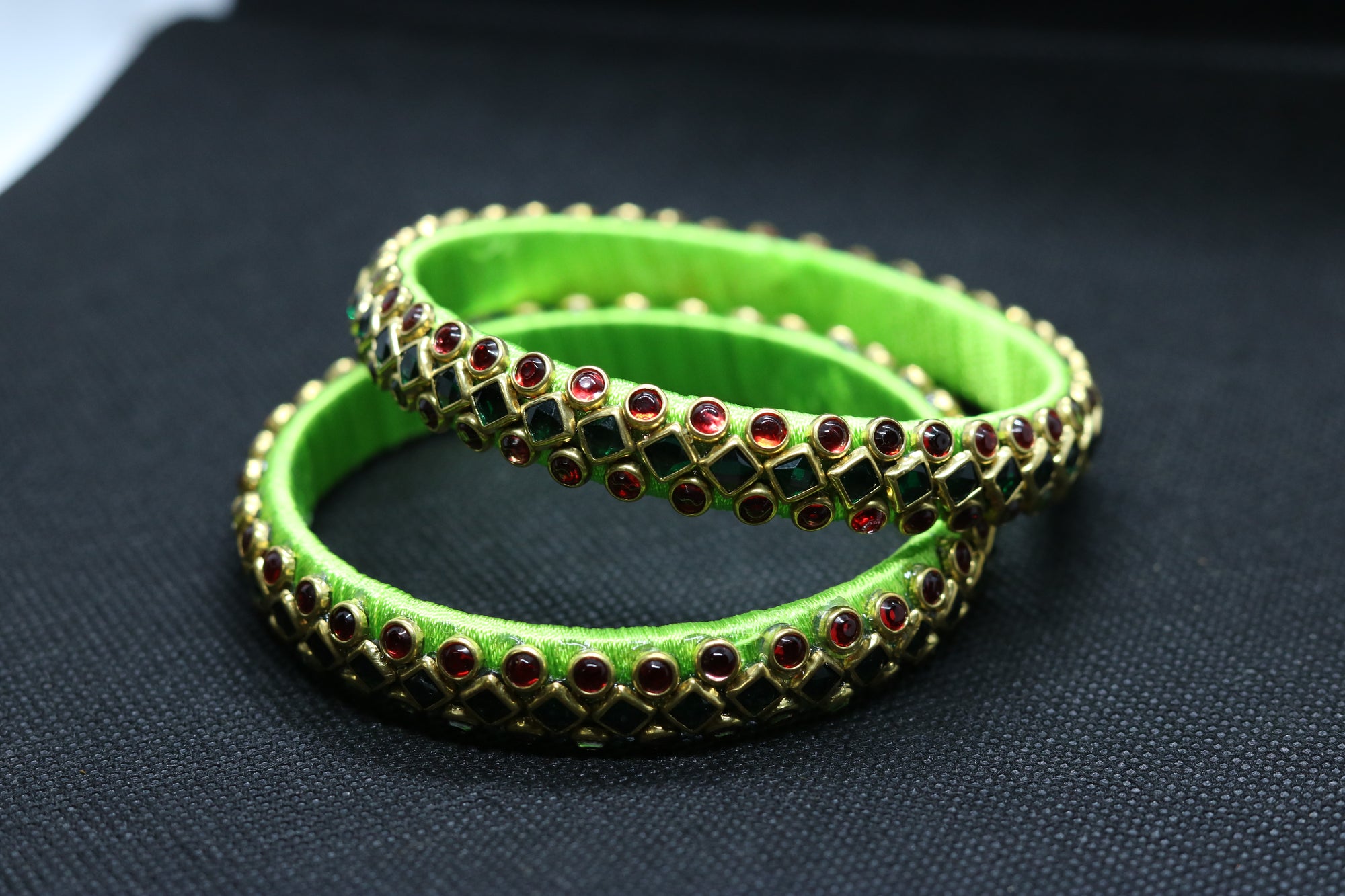 Green Silk Thread Kundan Bangle Set with Red & Emerald Stones