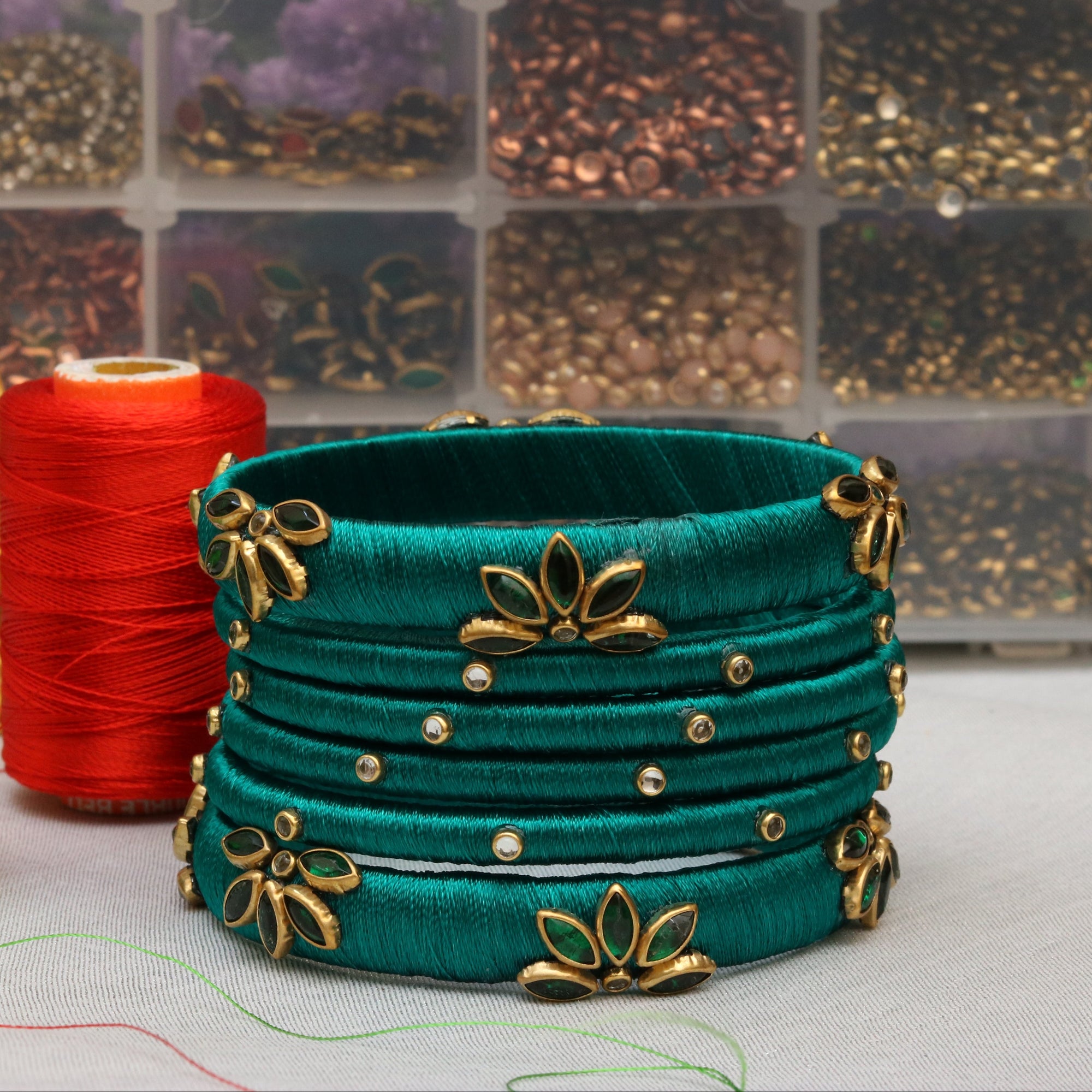 Emerald Green Silk Thread Lotus Bangle Set