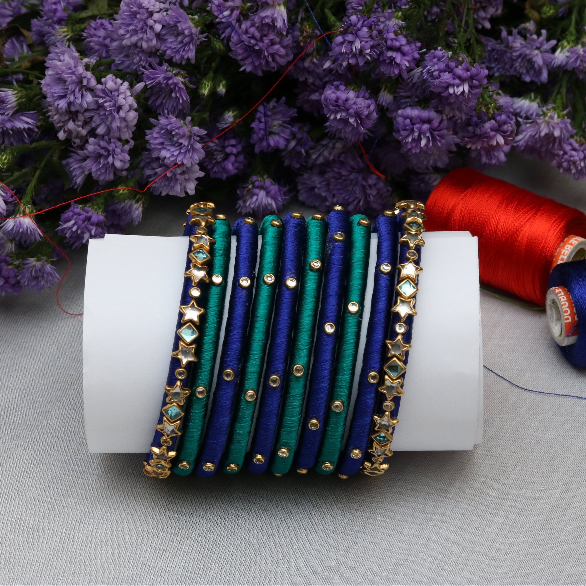 Handcrafted Blue & Teal Silk Thread Bangles Set with Gold Star Work