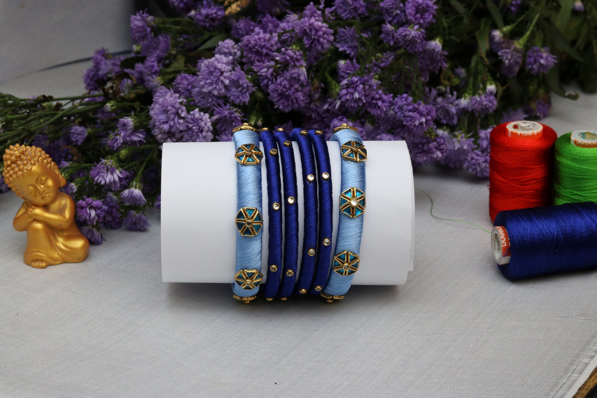 Royal Blue Thread Bangles Set with Gold Accents