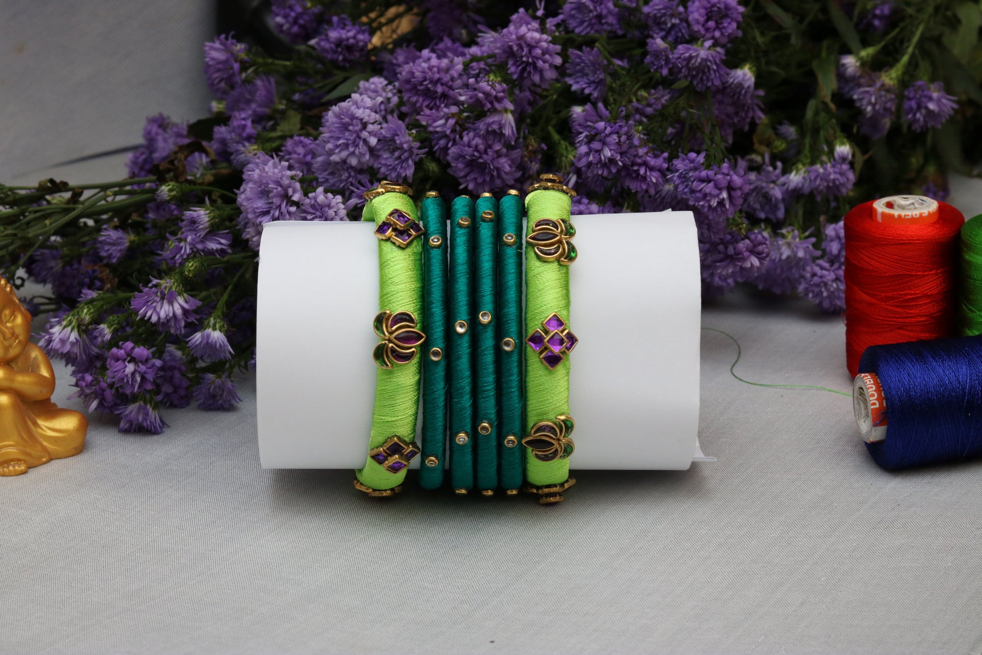 Green & Teal Silk Thread Bangles Set with Gold & Enamel Motifs