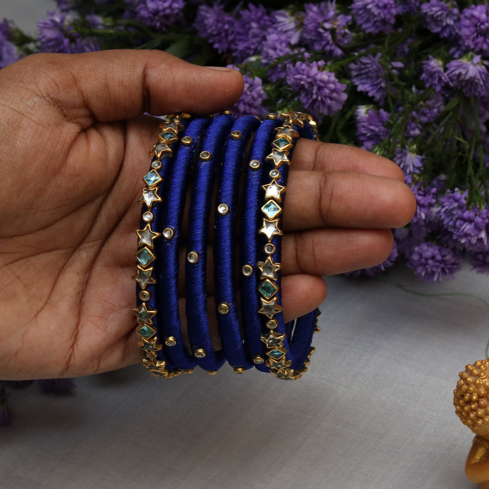 Royal Blue Silk Thread Bangles Set with Star & Stone Detailing