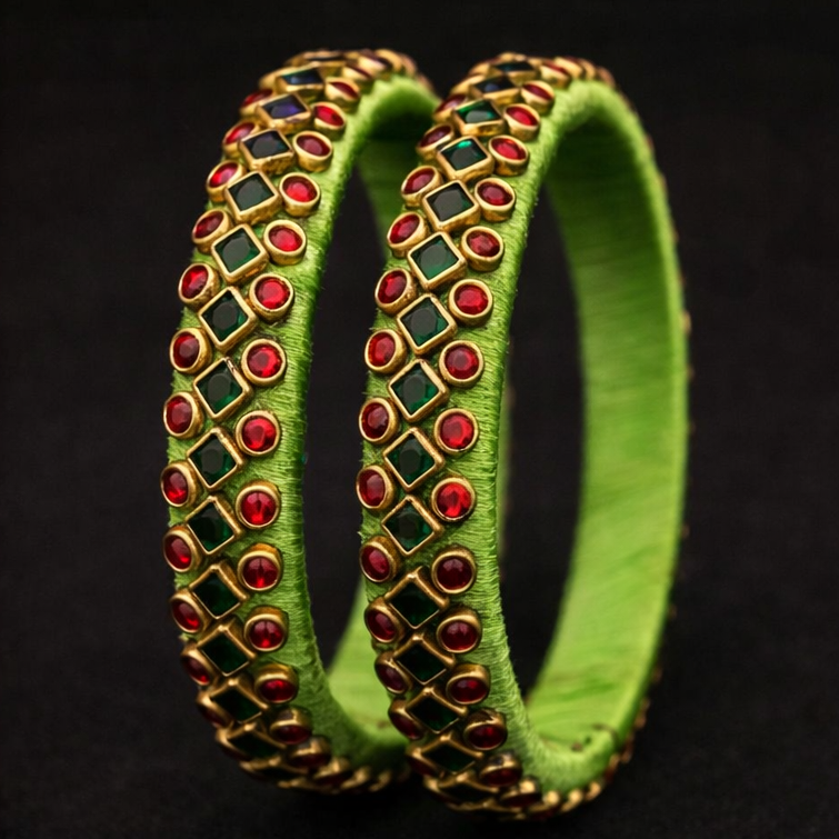 Green Silk Thread Kundan Bangle Set with Red & Emerald Stones