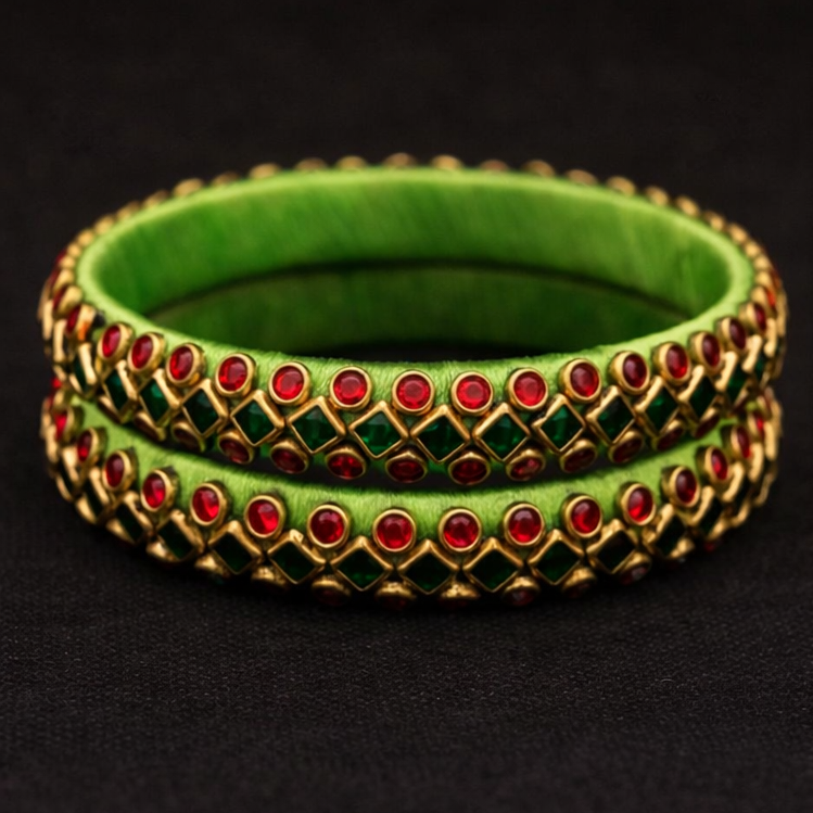 Green Silk Thread Kundan Bangle Set with Red & Emerald Stones