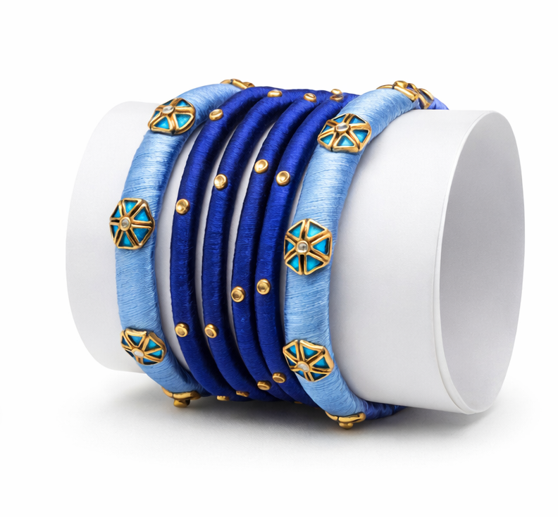 Royal Blue Thread Bangles Set with Gold Accents