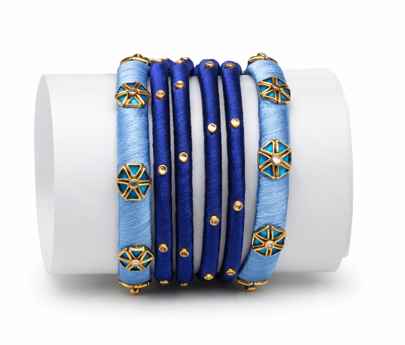 Royal Blue Thread Bangles Set with Gold Accents