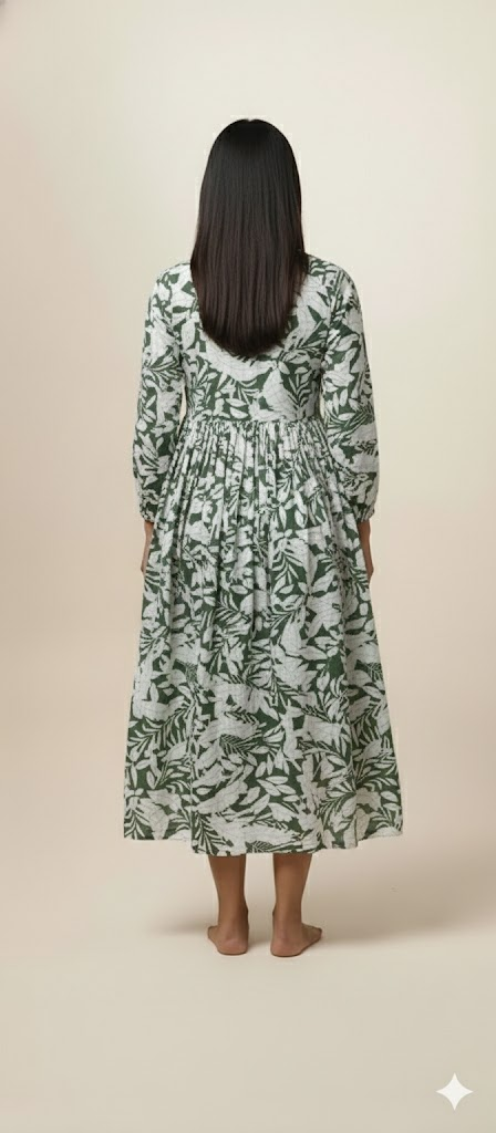 Pure Cotton Forest Green Leaf Print Gathered Gown with Pockets