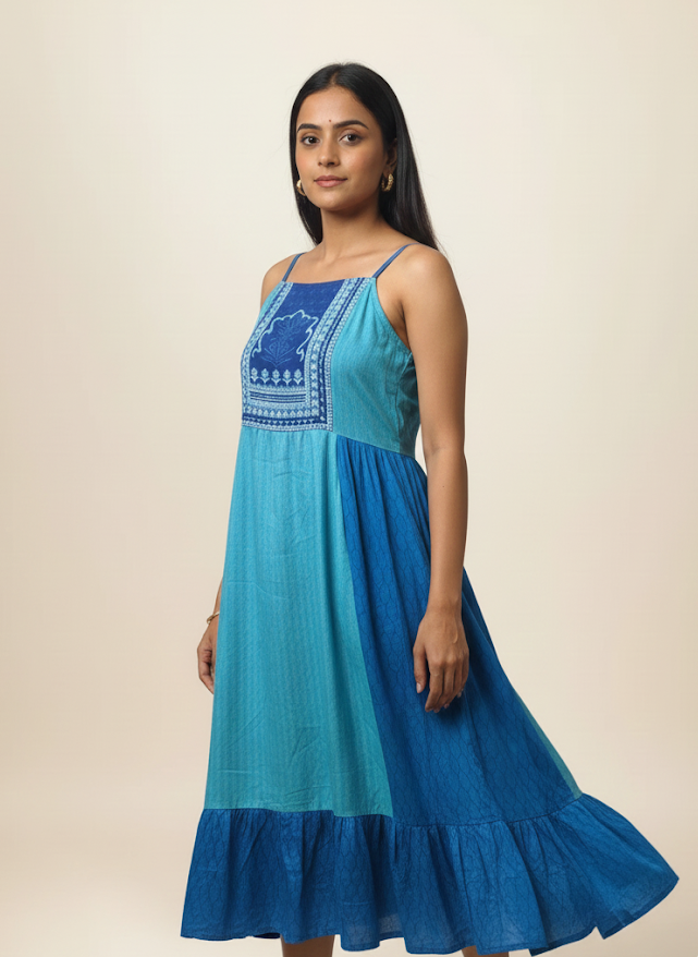 Pure Cotton Blue Ethnic Maxi Gown