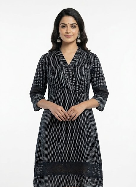 Cotton Black Block-Print Tiered Maxi Gown with Pockets