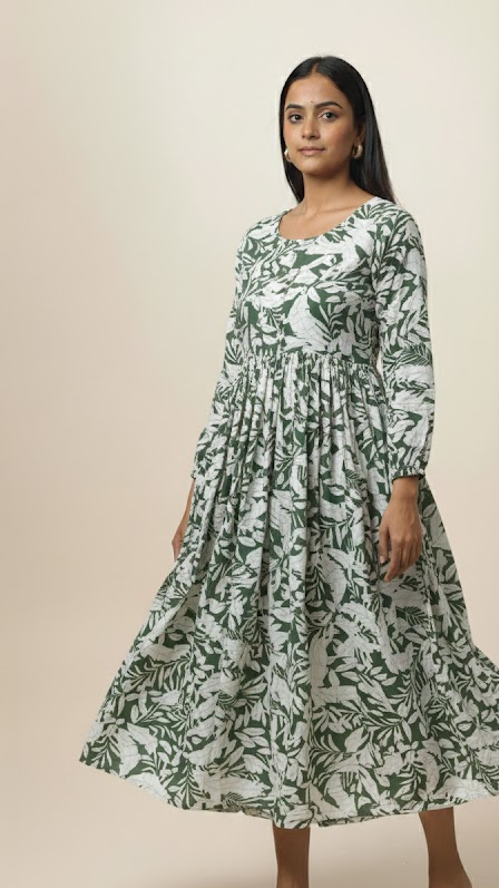 Pure Cotton Forest Green Leaf Print Gathered Gown with Pockets