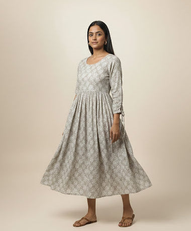 Pure Cotton Dove Grey Floral Print Gathered Gown