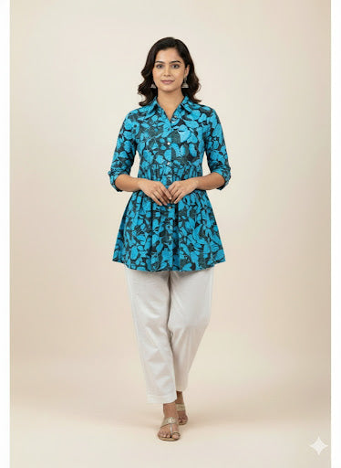 Pure Cotton Teal & Black Botanical Print Short Tunic Top