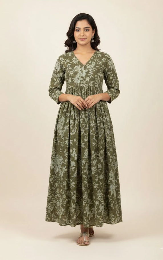 Pure Cotton Sage Green Botanical Print Gown