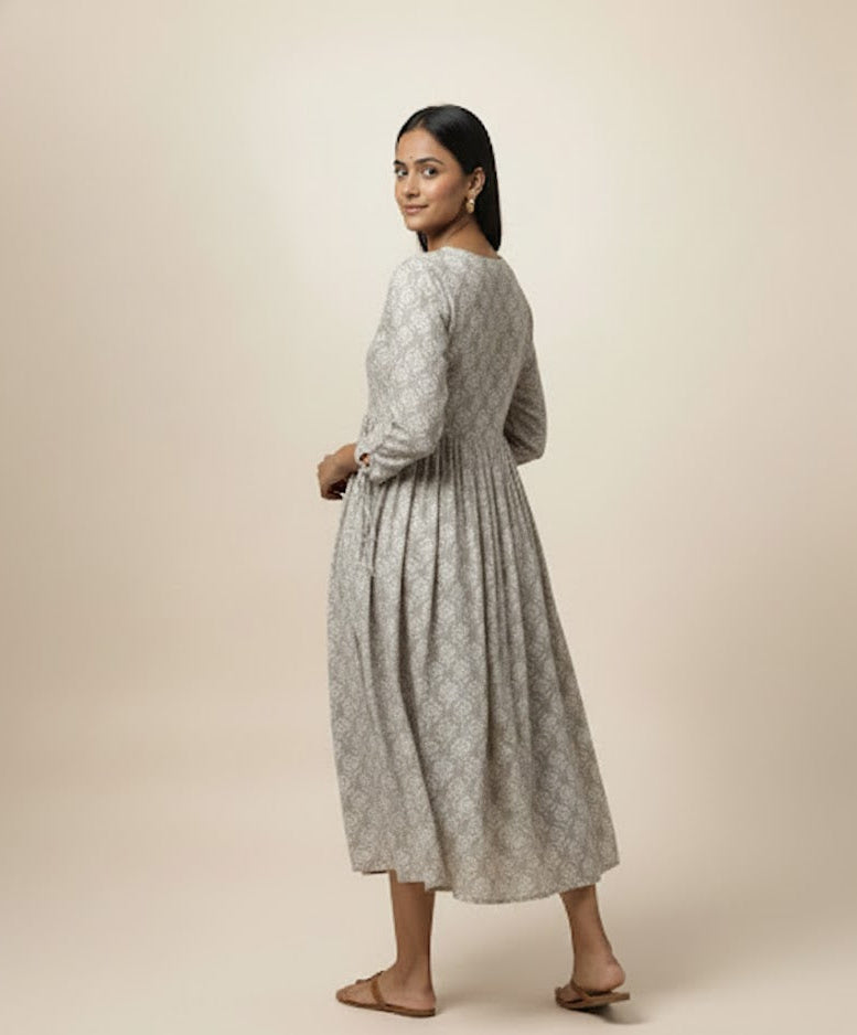 Pure Cotton Dove Grey Floral Print Gathered Gown